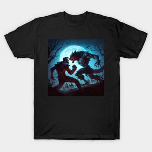 Cartoon image of a vampire vs. a werewolf fight at full moon. T-Shirt